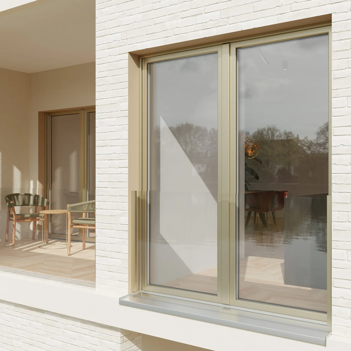 GEALAN KONTUR Kunststofffenster mit geradlinigem, kantigem Profil in heller Klinkerfassade
