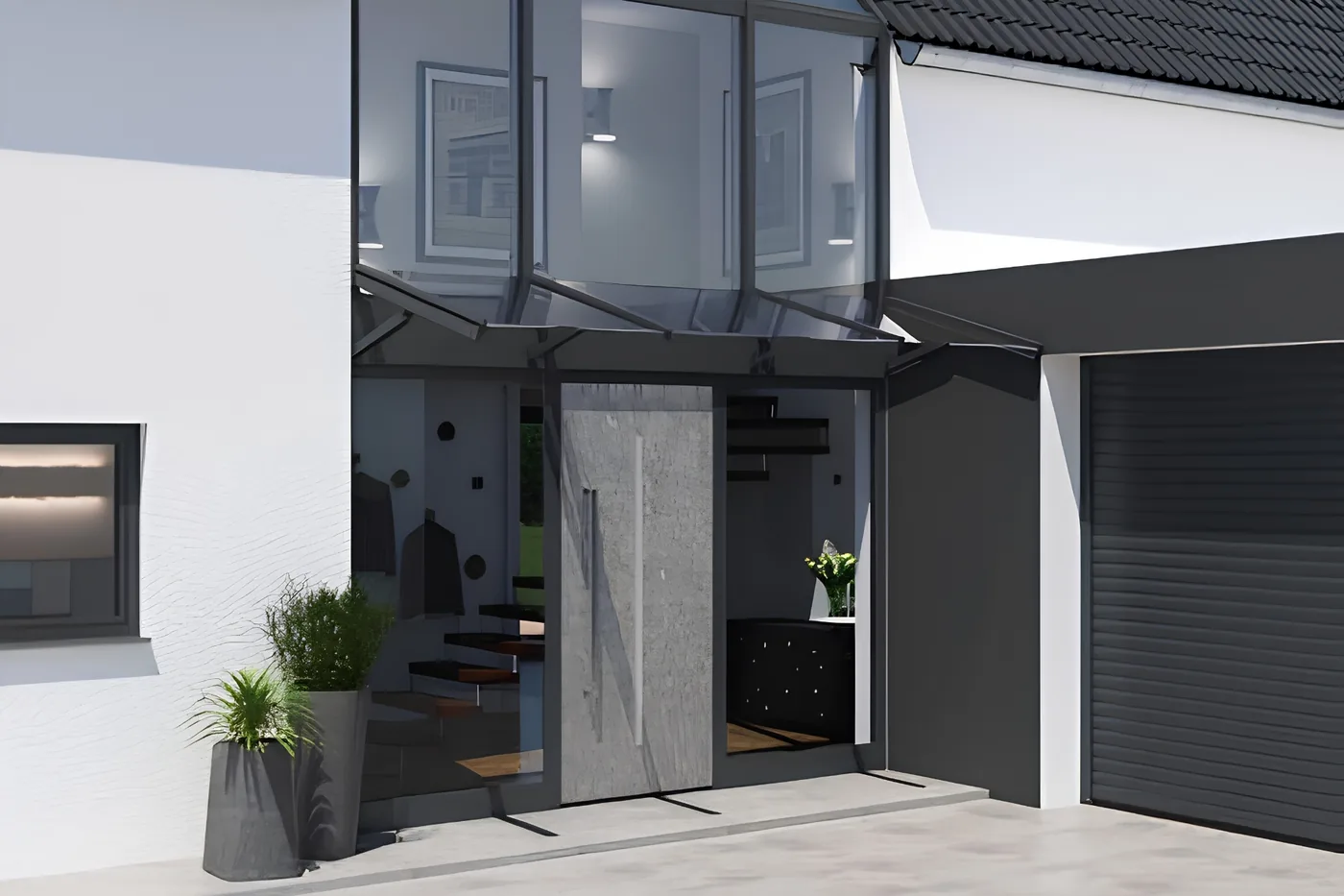 Modernes Glas-Vordach über einer Haustür mit Seitenteilen
