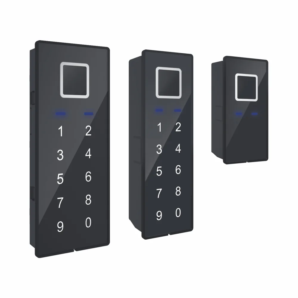 Drei Varianten der Bedieneinheit mit Fingerabdrucksensor, Zahlencode und LED-Beleuchtung